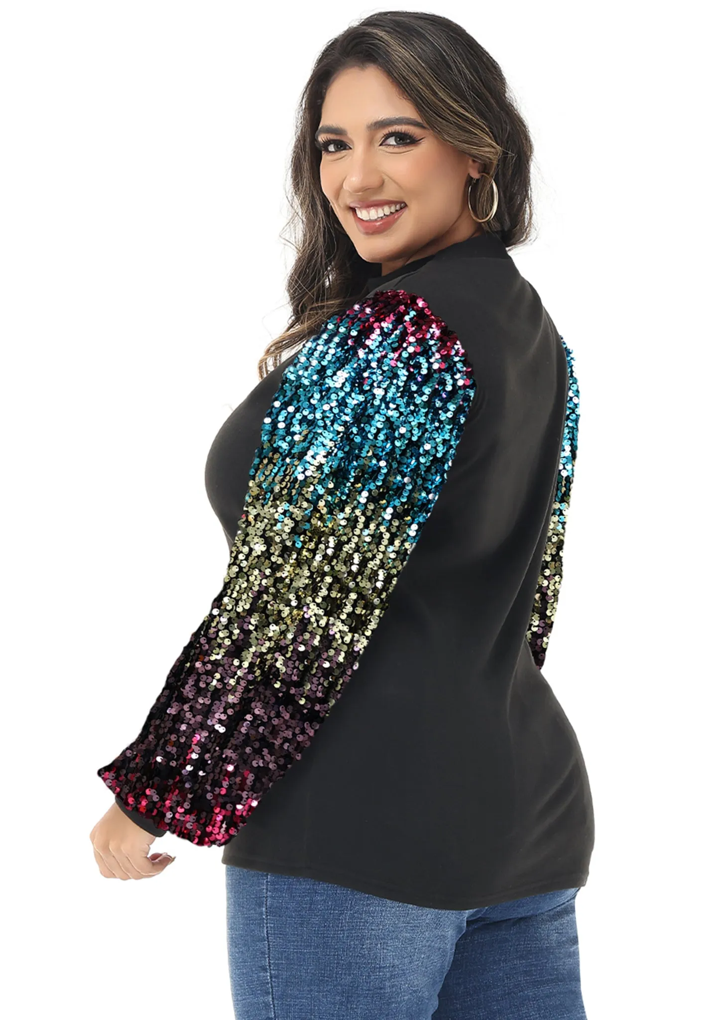 Anna-Kaci Women's Plus Size Sparkle Sequin Sweatshirt Mock Neck Pullover Long Sleeve Glitter Party Tops