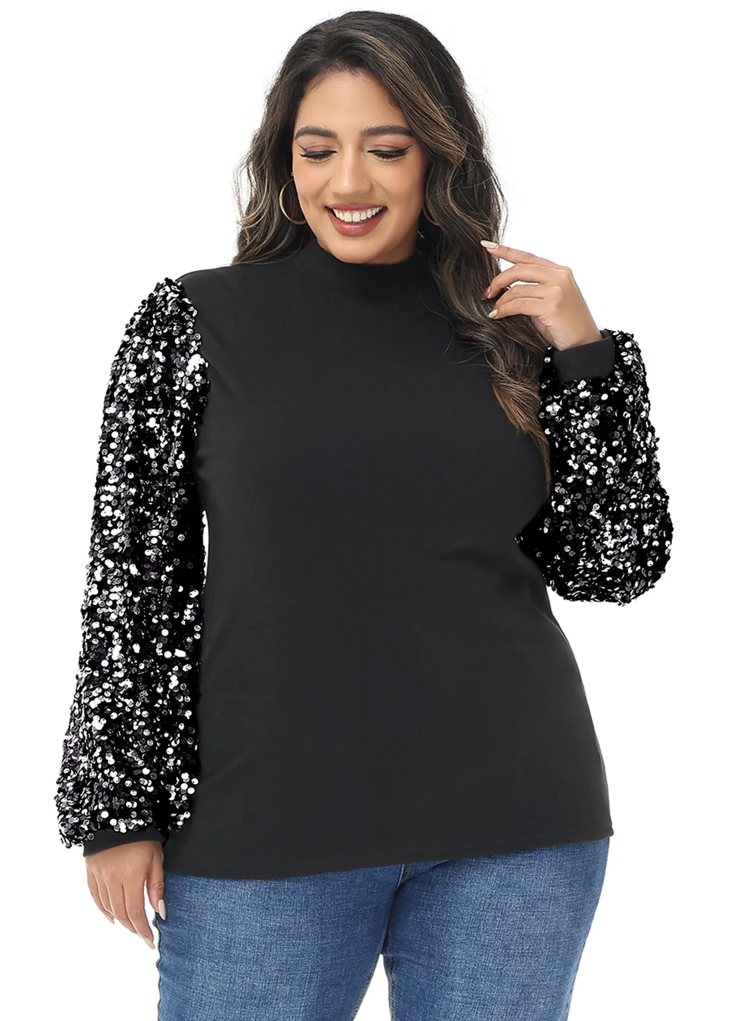 Anna-Kaci Women's Plus Size Sparkle Sequin Sweatshirt Mock Neck Pullover Long Sleeve Glitter Party Tops