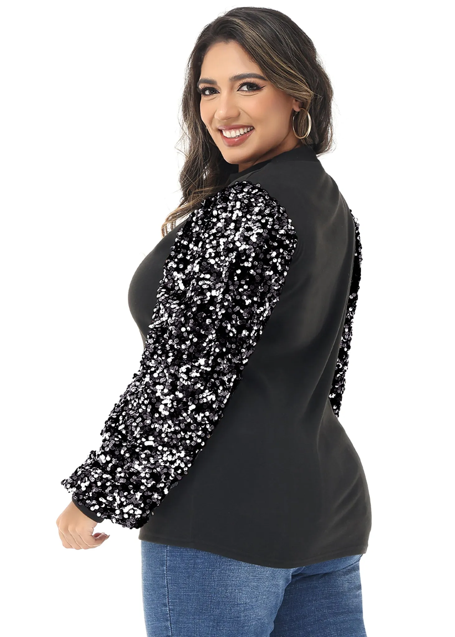 Anna-Kaci Women's Plus Size Sparkle Sequin Sweatshirt Mock Neck Pullover Long Sleeve Glitter Party Tops