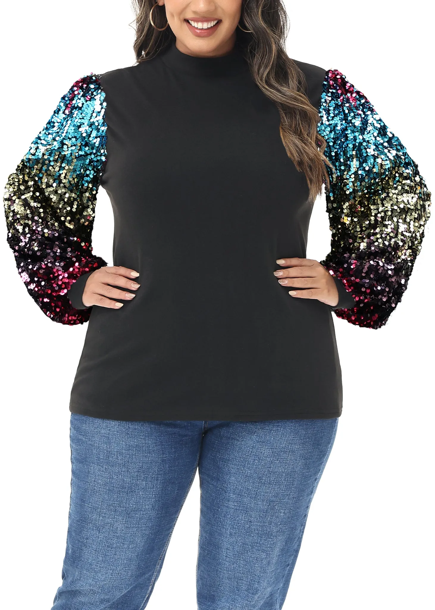 Anna-Kaci Women's Plus Size Sparkle Sequin Sweatshirt Mock Neck Pullover Long Sleeve Glitter Party Tops