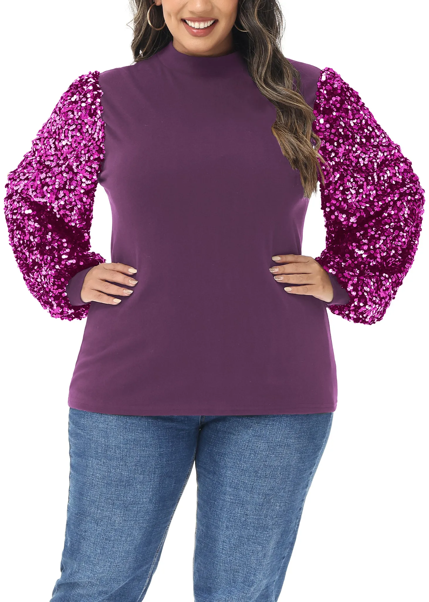 Anna-Kaci Women's Plus Size Sparkle Sequin Sweatshirt Mock Neck Pullover Long Sleeve Glitter Party Tops