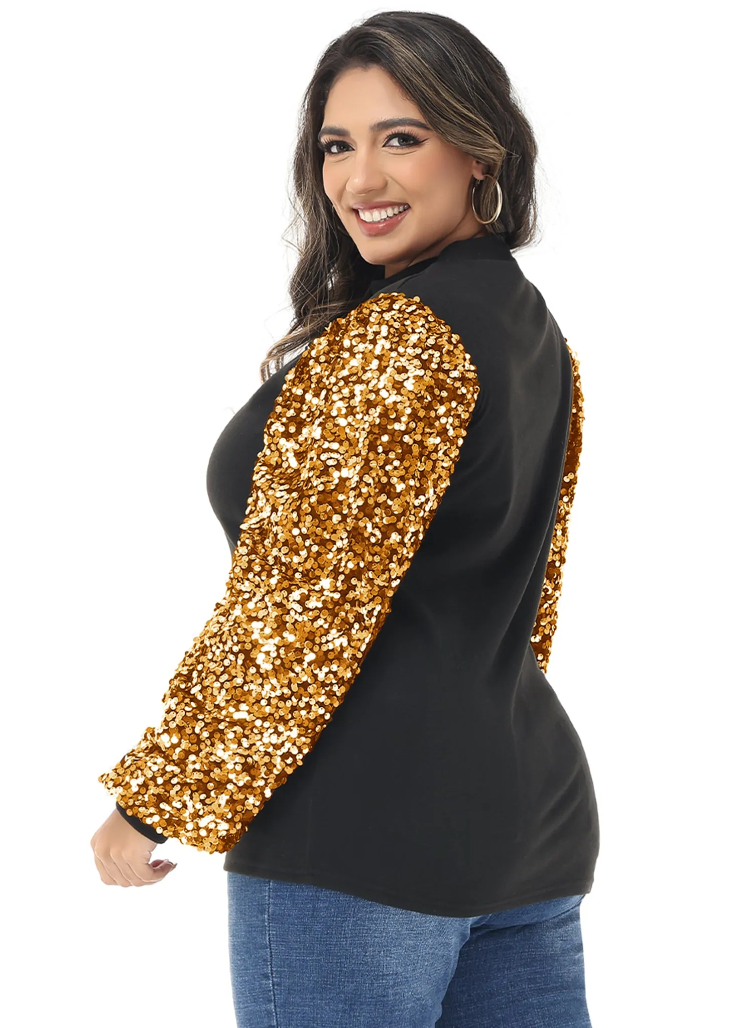 Anna-Kaci Women's Plus Size Sparkle Sequin Sweatshirt Mock Neck Pullover Long Sleeve Glitter Party Tops