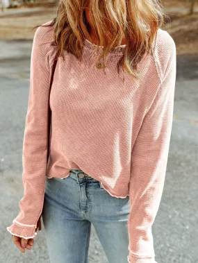 Apricot Pink Waffle Knit Long Sleeve Top with Round Neck