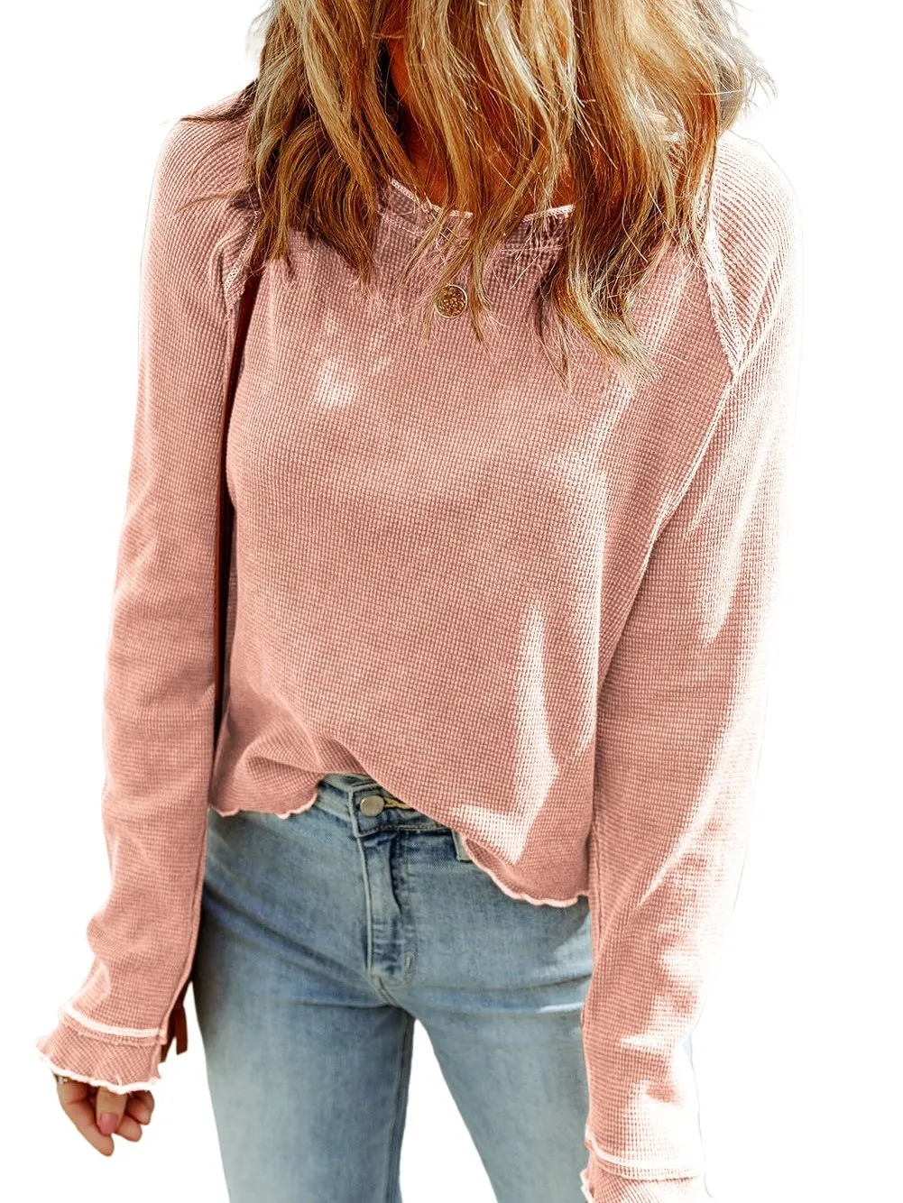 Apricot Pink Waffle Knit Long Sleeve Top with Round Neck