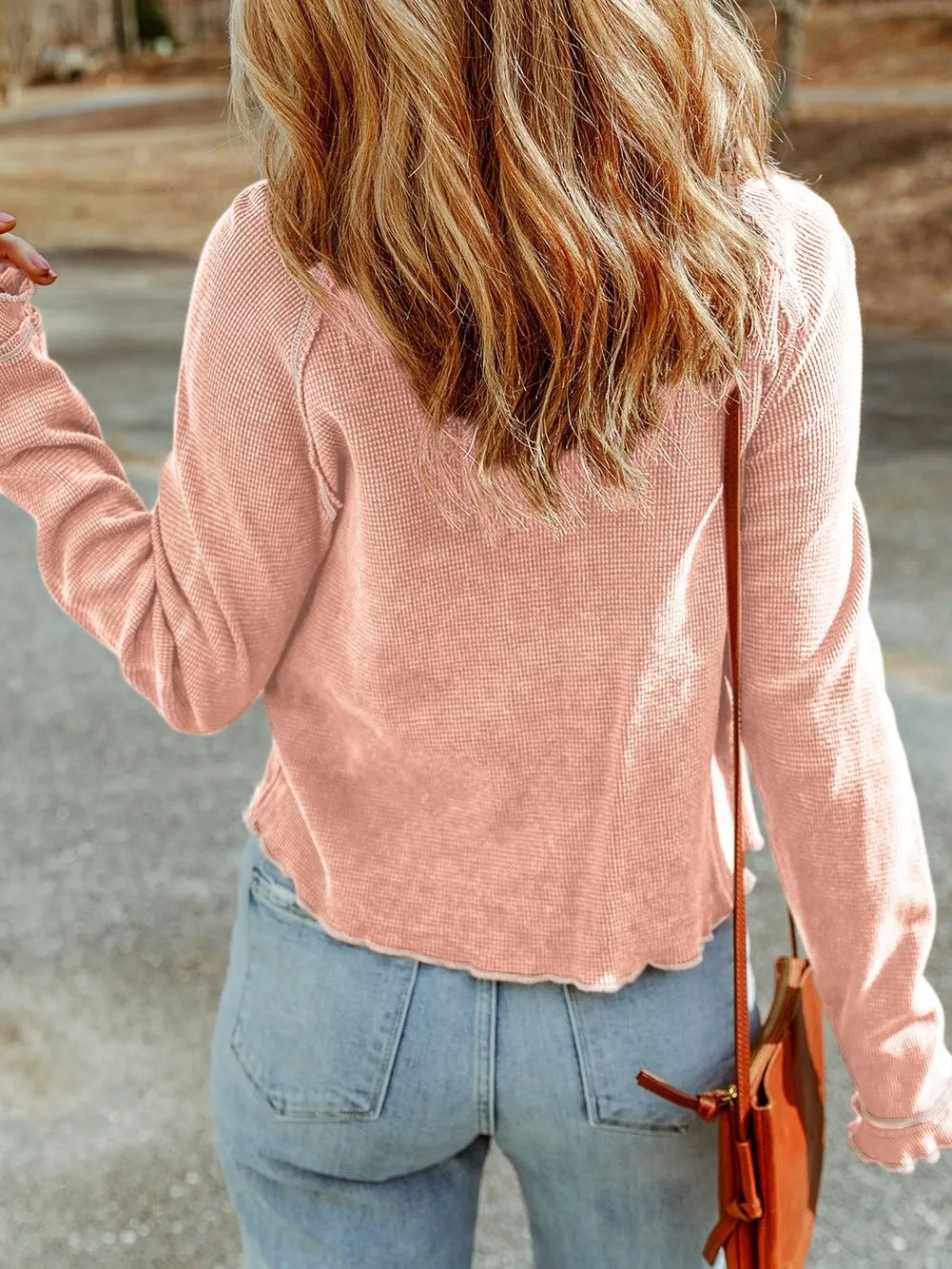 Apricot Pink Waffle Knit Long Sleeve Top with Round Neck