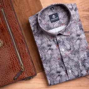 Ash Grey Color Morrocan Leaf Printed Shirt For Men