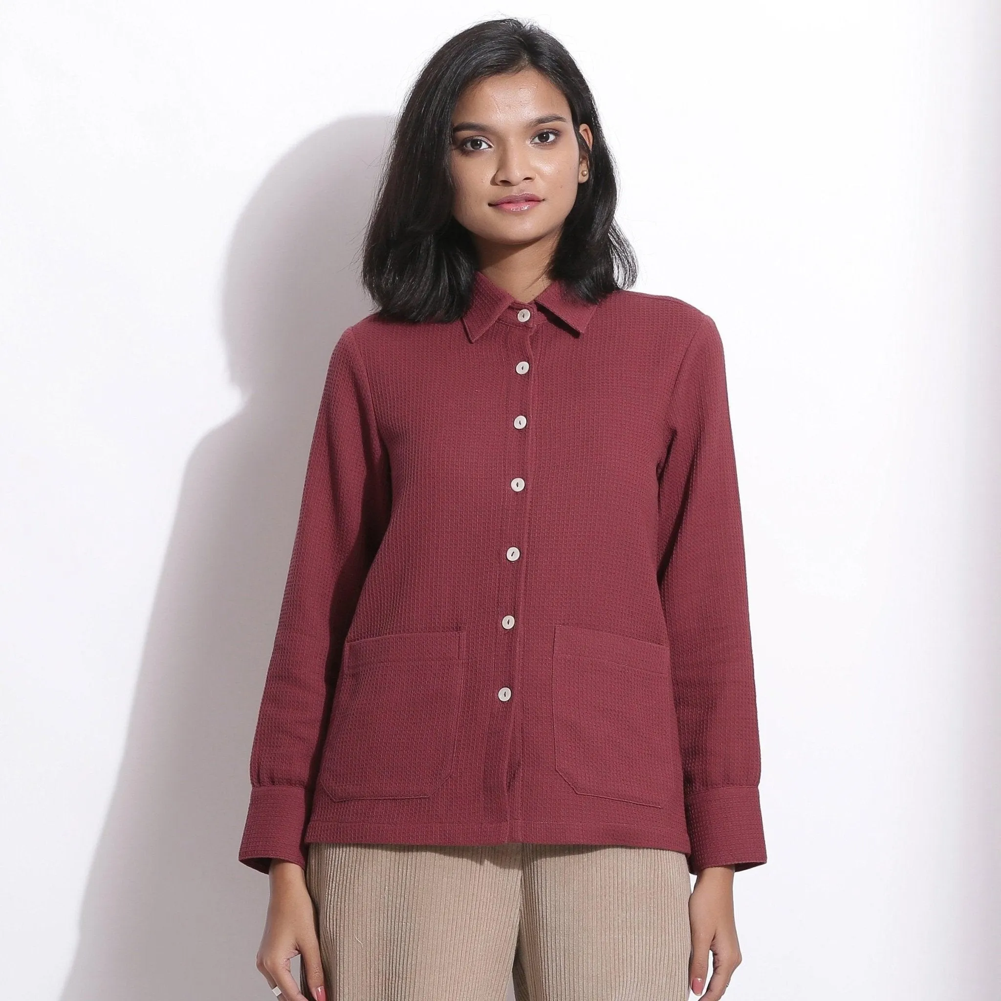 Barn Red Warm Cotton Waffle Button-Down Pocket Shirt