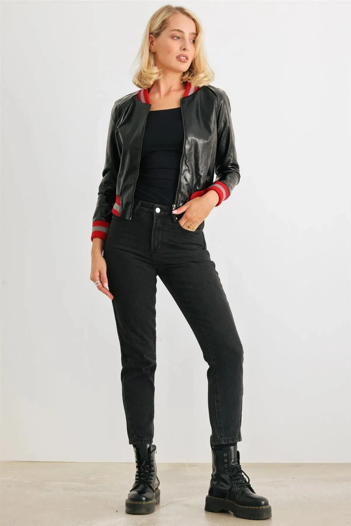 Black & Red Ribbed Vegan Leather Bomber Jacket