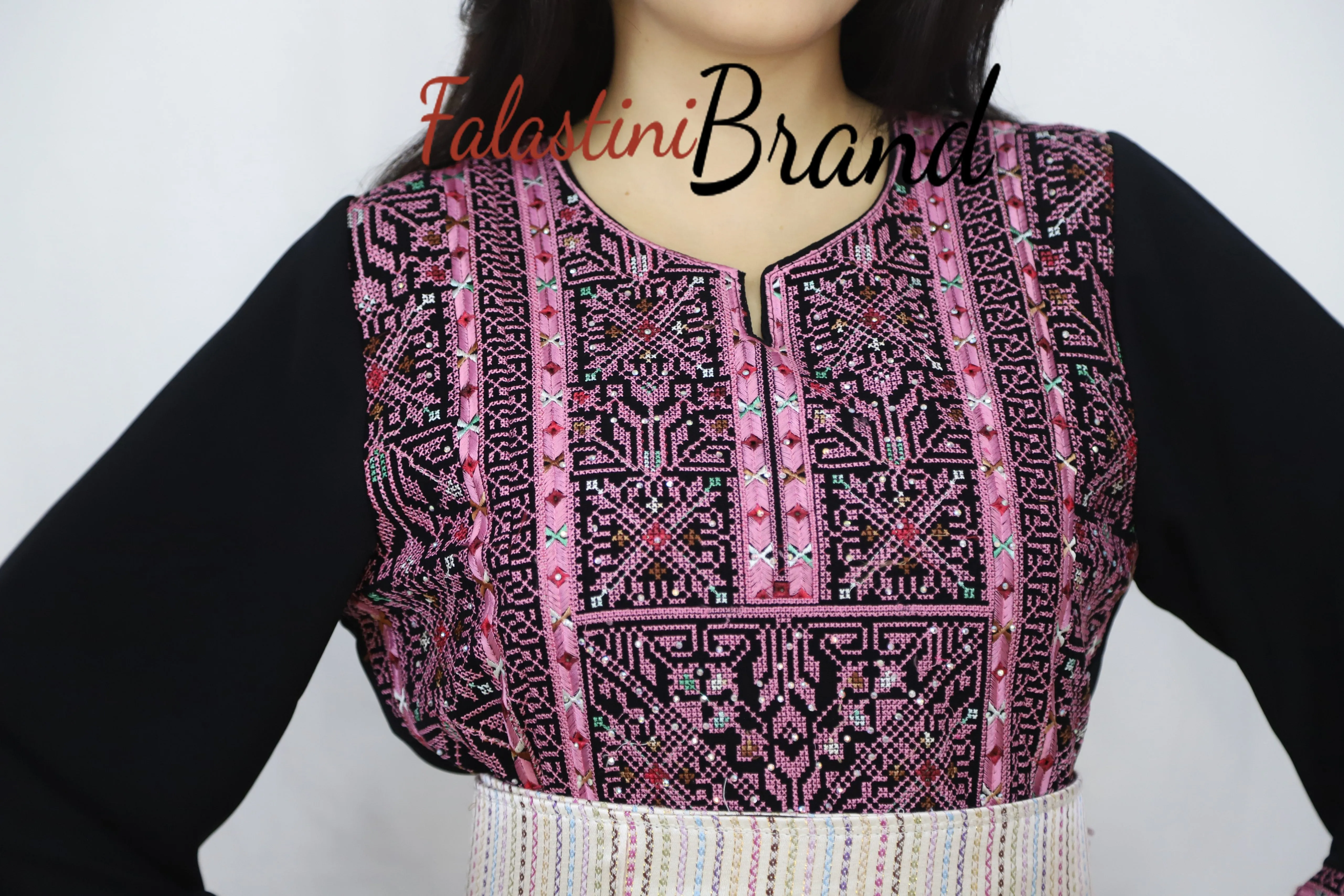 Black And Pink Lines Palestinian Embroidered Thobe