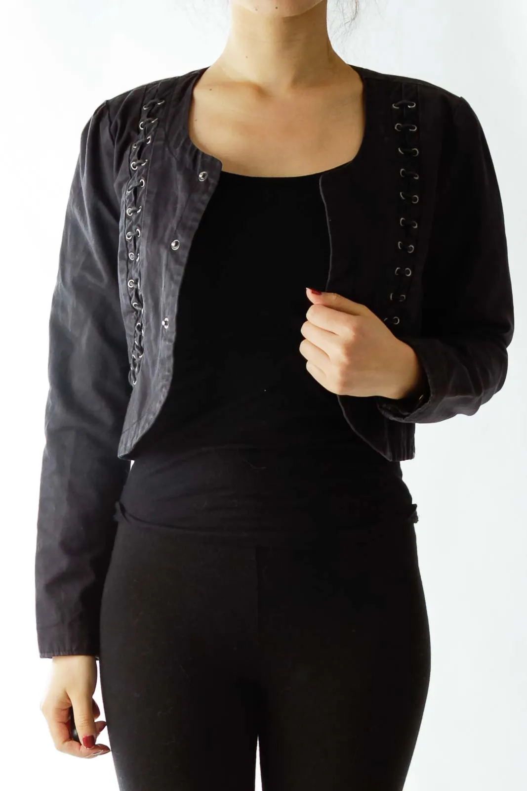 Black Buttoned Cropped Jacket with String Details