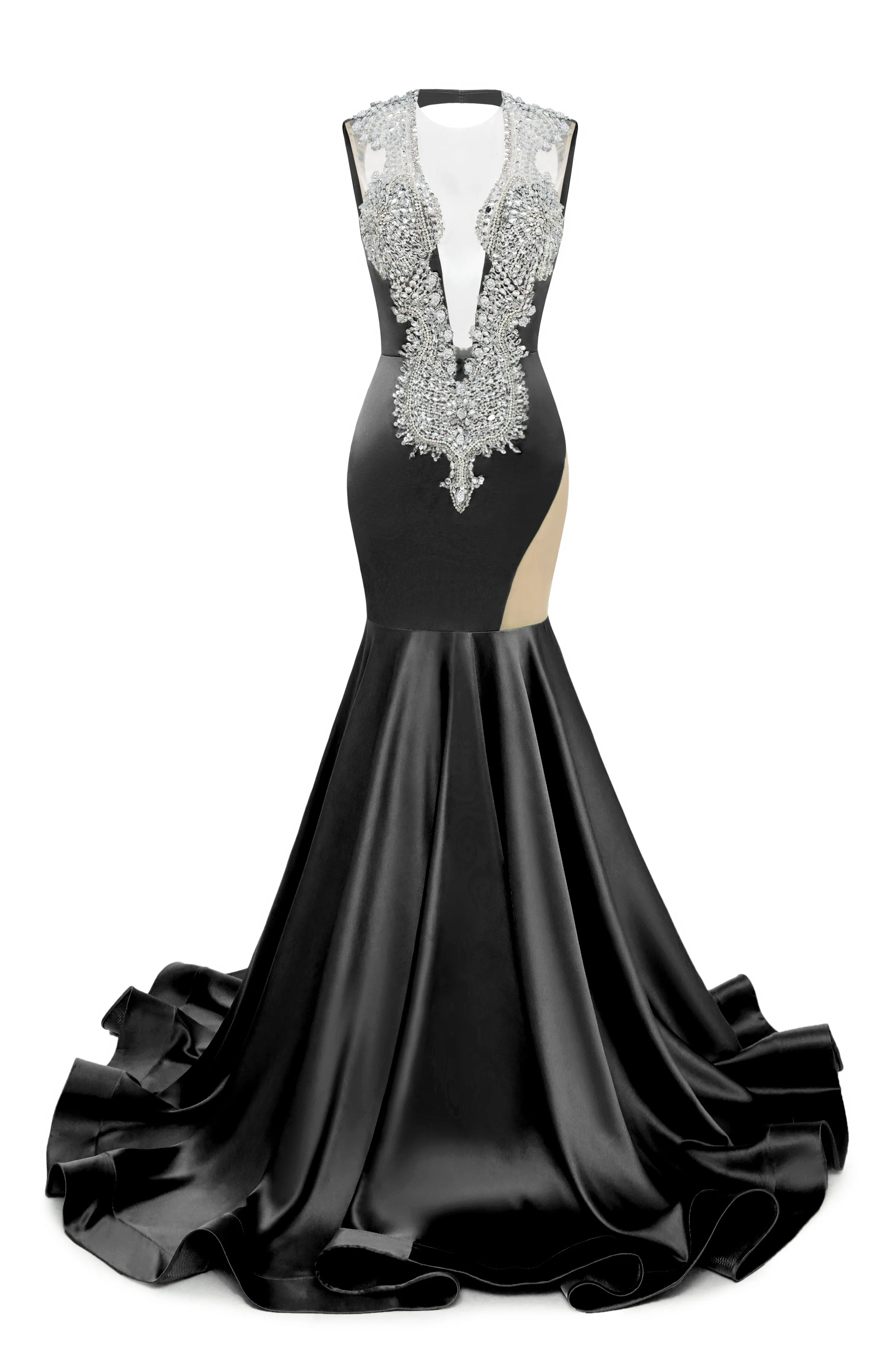 Black Deep V Neck Mermaid Satin Prom Dresses Sparkly Beaded Pageant Crystals Evening Formal Dresses