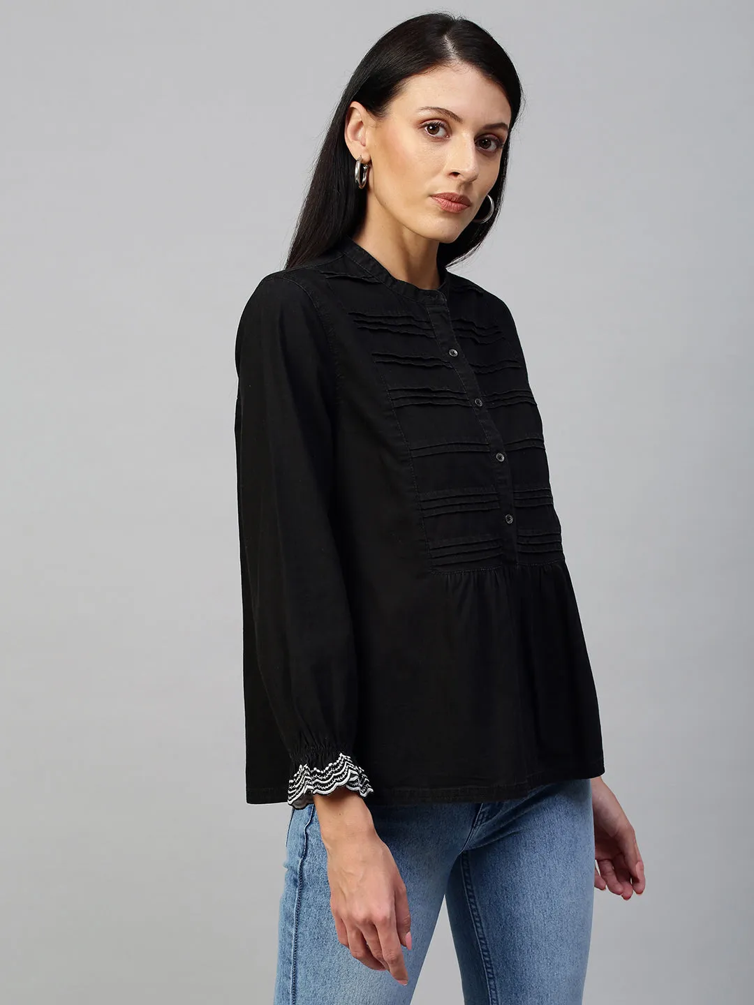 Black Denim Pleated Yoke  Top With Schiffli Embroidered Sleeves