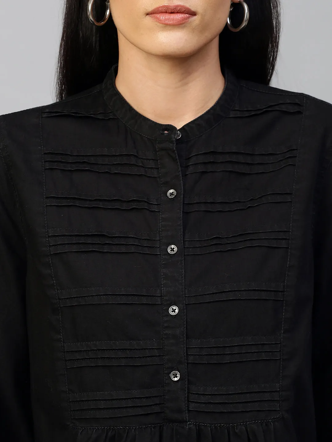 Black Denim Pleated Yoke  Top With Schiffli Embroidered Sleeves