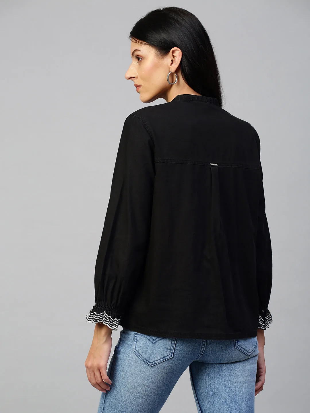 Black Denim Pleated Yoke  Top With Schiffli Embroidered Sleeves