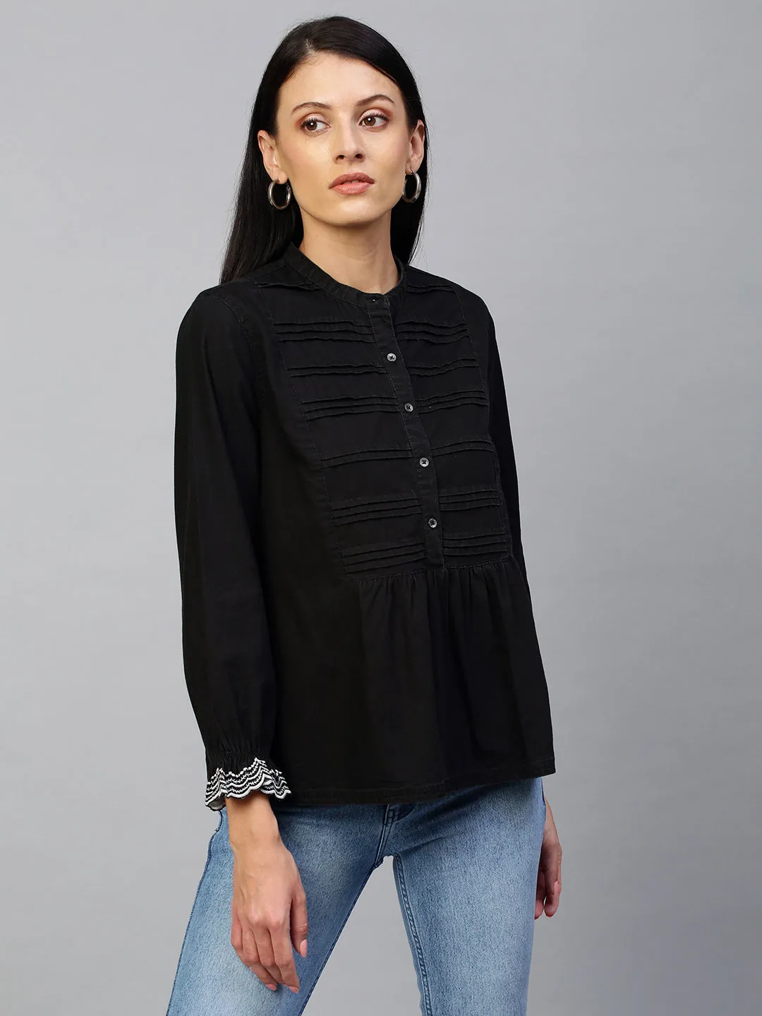 Black Denim Pleated Yoke  Top With Schiffli Embroidered Sleeves