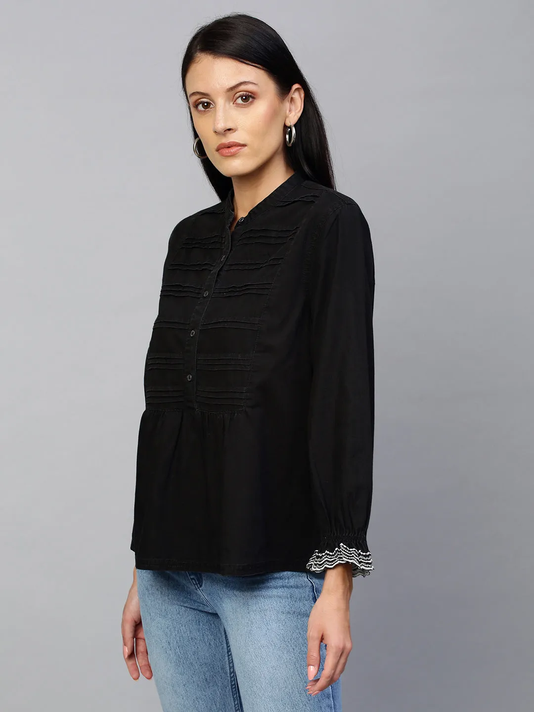 Black Denim Pleated Yoke  Top With Schiffli Embroidered Sleeves