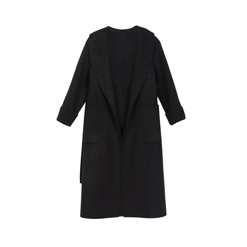 Black Long Belted Lapel Wool Trench Coats