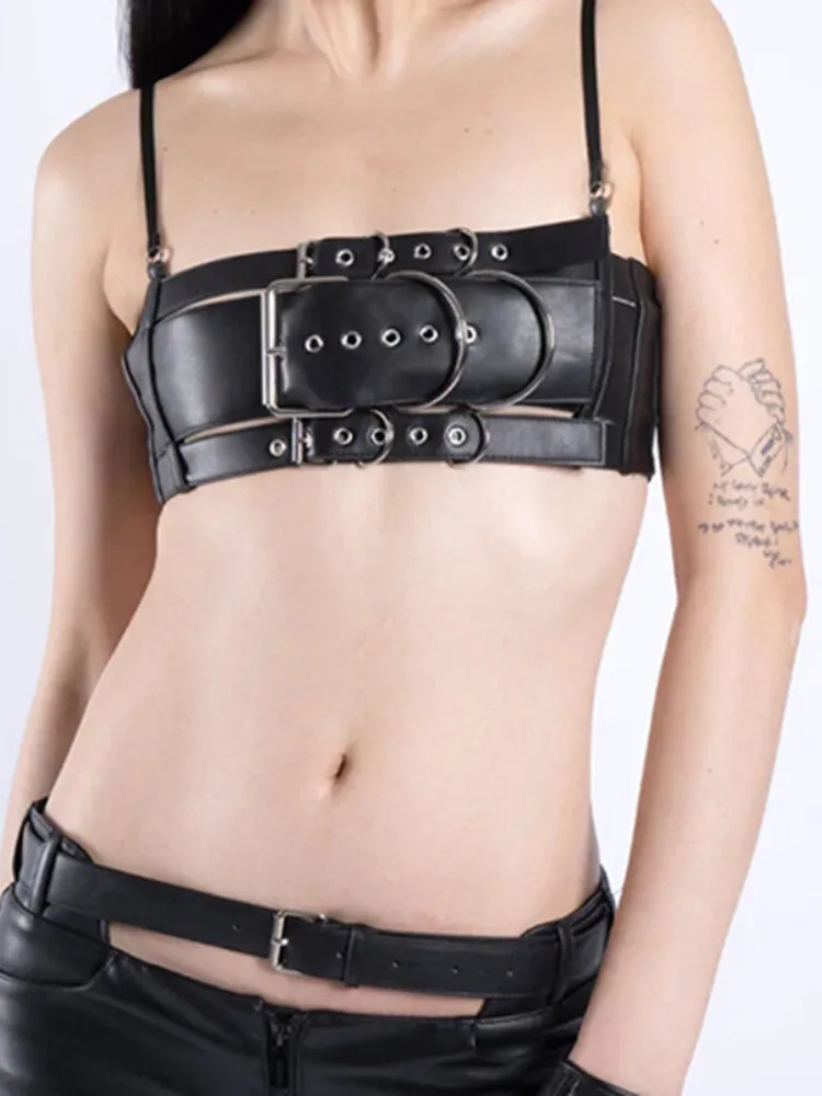 Black Punk Style Mini PU Leather Top