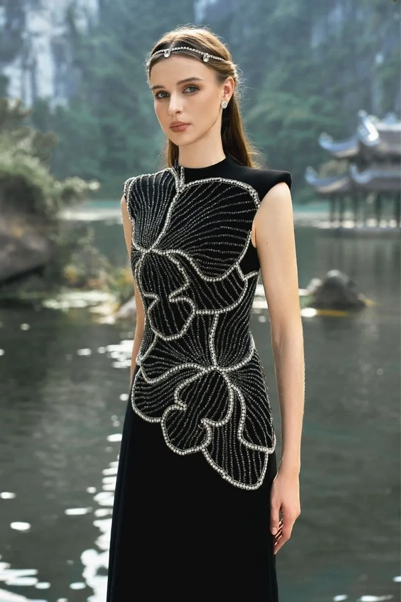 BLACK SLEEVELESS ORCHID PATTERNED DRESS