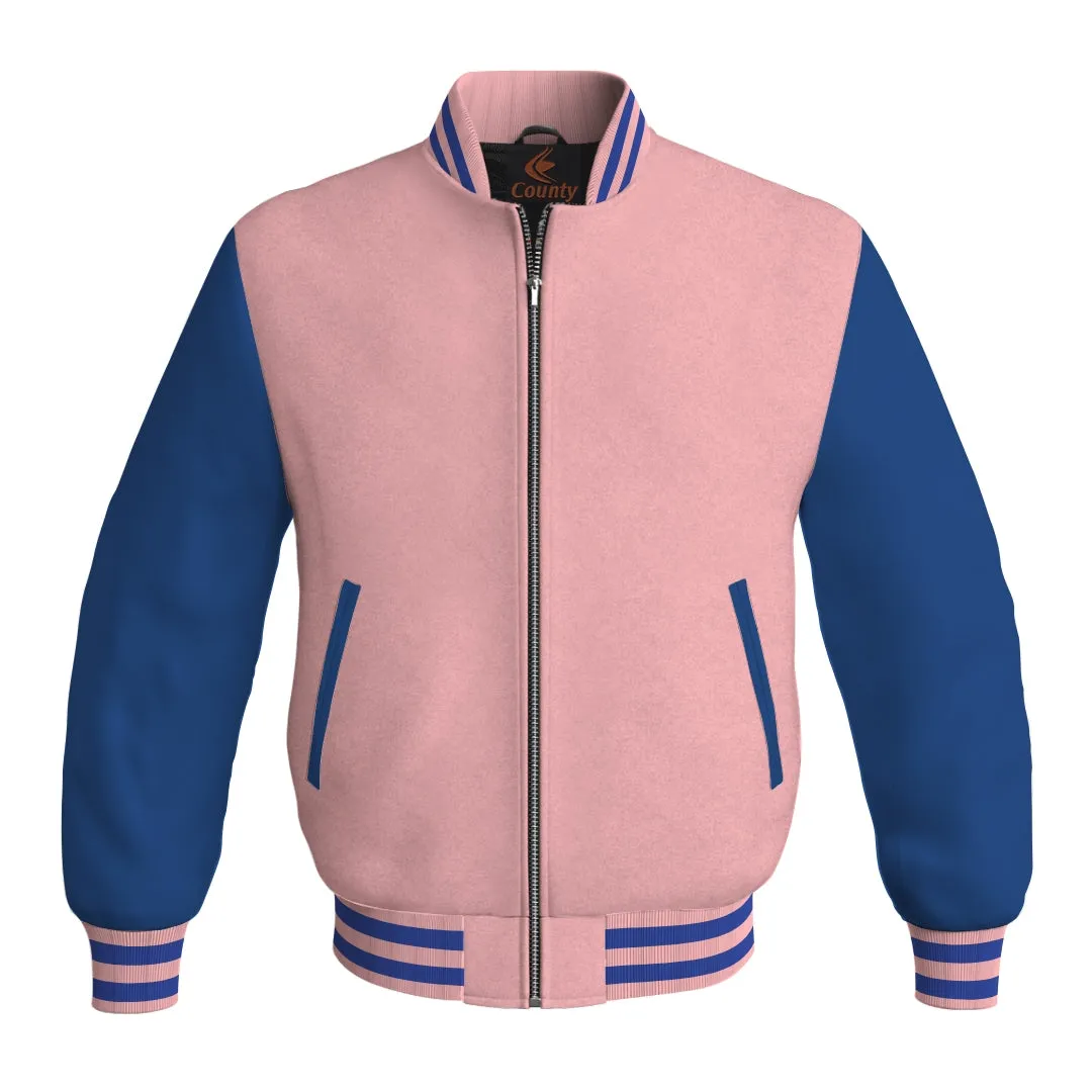 Bomber Jacket Women Pink Body and Blue Leather Sleeves Bomber Jacket