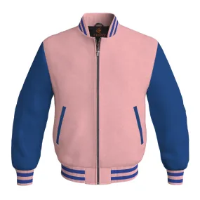 Bomber Jacket Women Pink Body and Blue Leather Sleeves Bomber Jacket