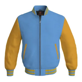 Bomber Jacket Women Sky Blue Body and Gold Leather Sleeves Bomber Jacket