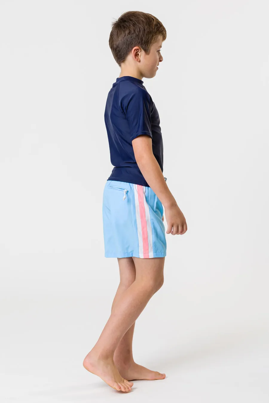 Boys Swim Snapper Rock Blue Retro Stripe Volley Board Shorts