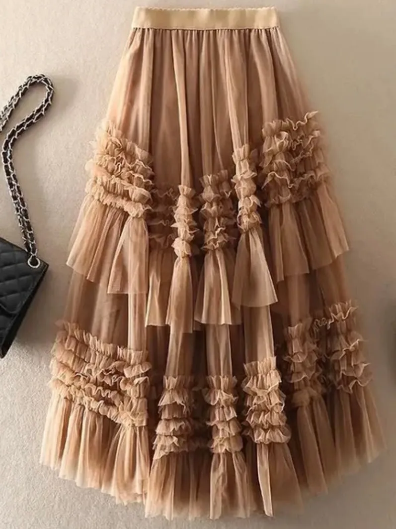 Camel layered maxi skirt