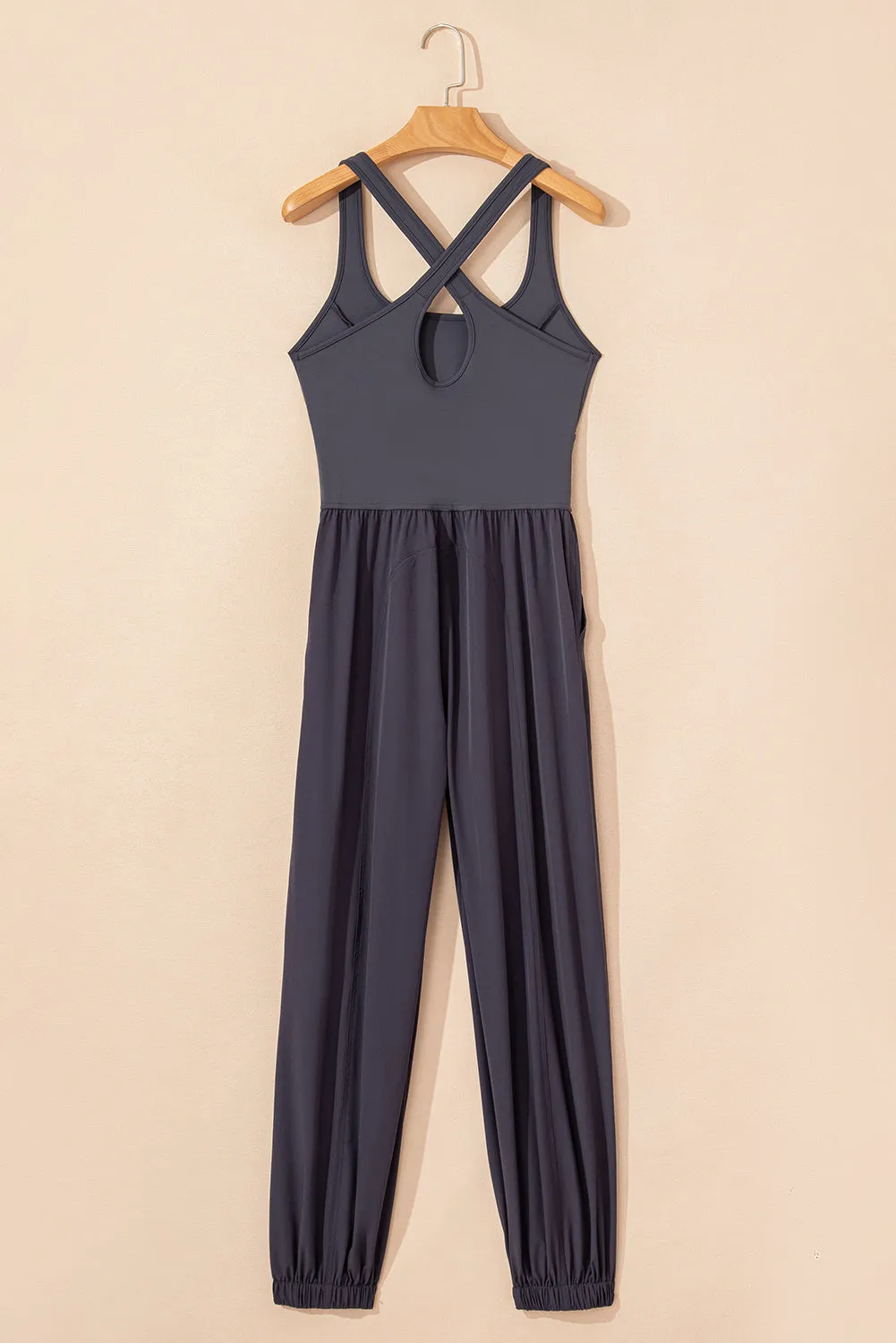 Carbon Grey Back Crossed Straps Hollow Out Jogger Jumpsuit