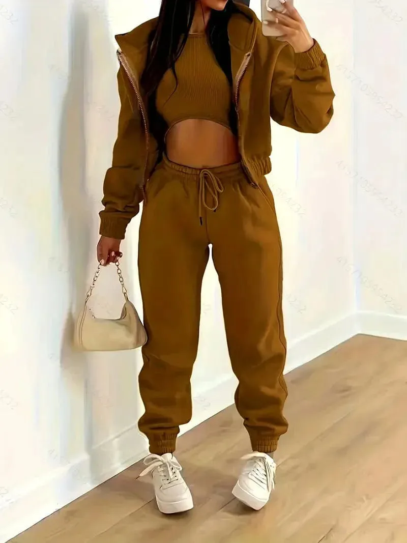 Casual Three-piece Matching Set with Hooded Zip-Up Jacket, Sleeveless Tank Top, and Elastic Waist Jogger Pants - Women's Fashion