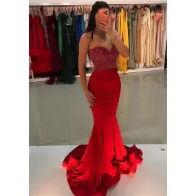 Chic & Modern Mermiad Strapless Red Beaded Sequins Satin Long Prom Dress