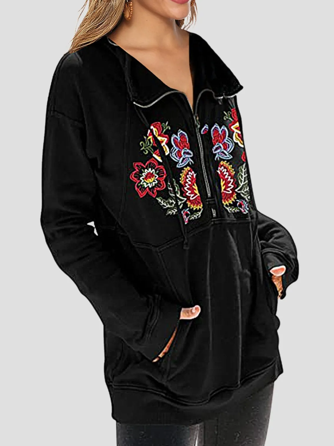 Chic Embroidered Zipper Half-placket Loose-fitting Sweatshirt