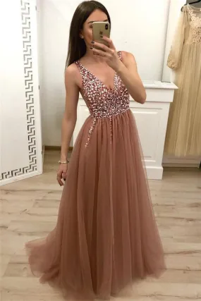 Chic Long A-line Sequined Tulle Backless Prom Dress