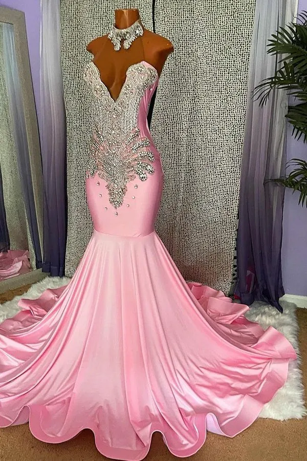 Chic Long Mermaid High-neck Sleeveless Formal Prom Dresses With Beading