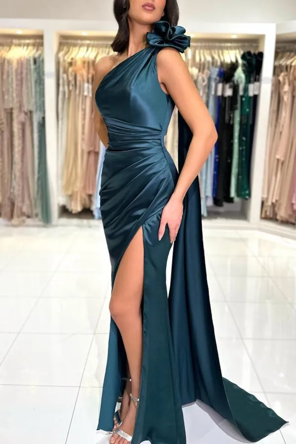 Chic One-Shoulder Sleeveless Floor-Length Split Front Prom Dresses