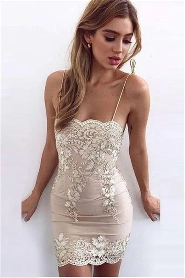 Chic Sheath Spaghetti Straps Short Homecoming Dresses Appliques Hoco Dresses