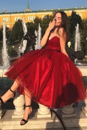 Chic Strapless Red Tea Length Prom Party Gowns| Chic Sweetheart Sleeveless Prom Gown