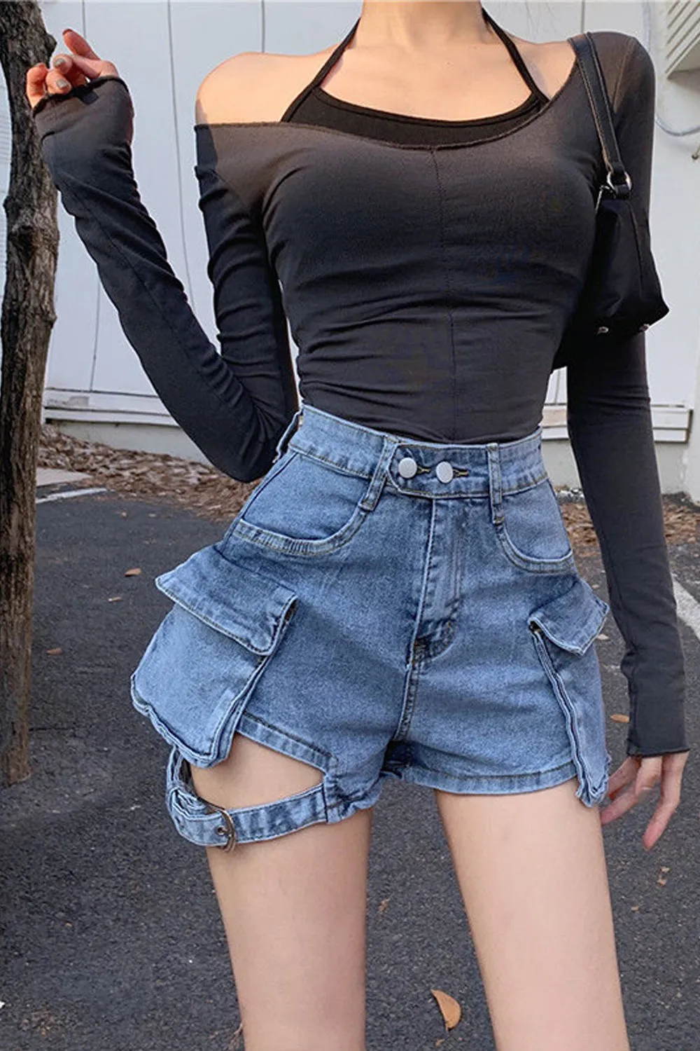 Chicmy-Graduation gift, Coachella Valley Music Festival Look,High Waist Cargo Pockets Denim Shorts