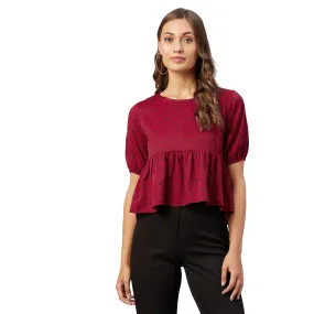 Chimpaaanzee Women Maroon Doted Ruffled Style Top