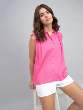 DL Woman Shirt Collar Regular Fit Solid Pink Sleeveless Shirt