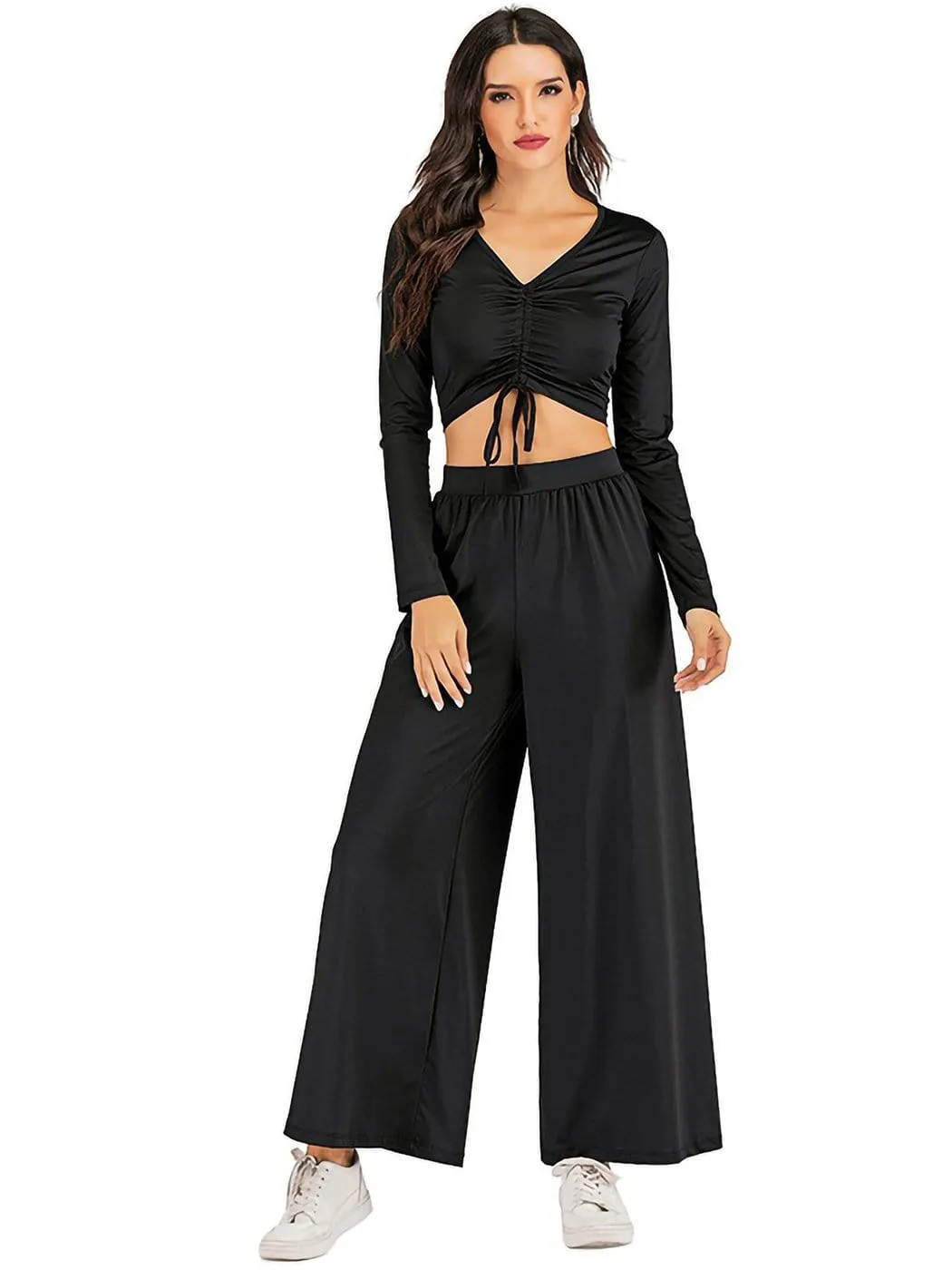 Elastic High Waist Casual Wide Leg Long Palazzo Lounge Pants Trousers