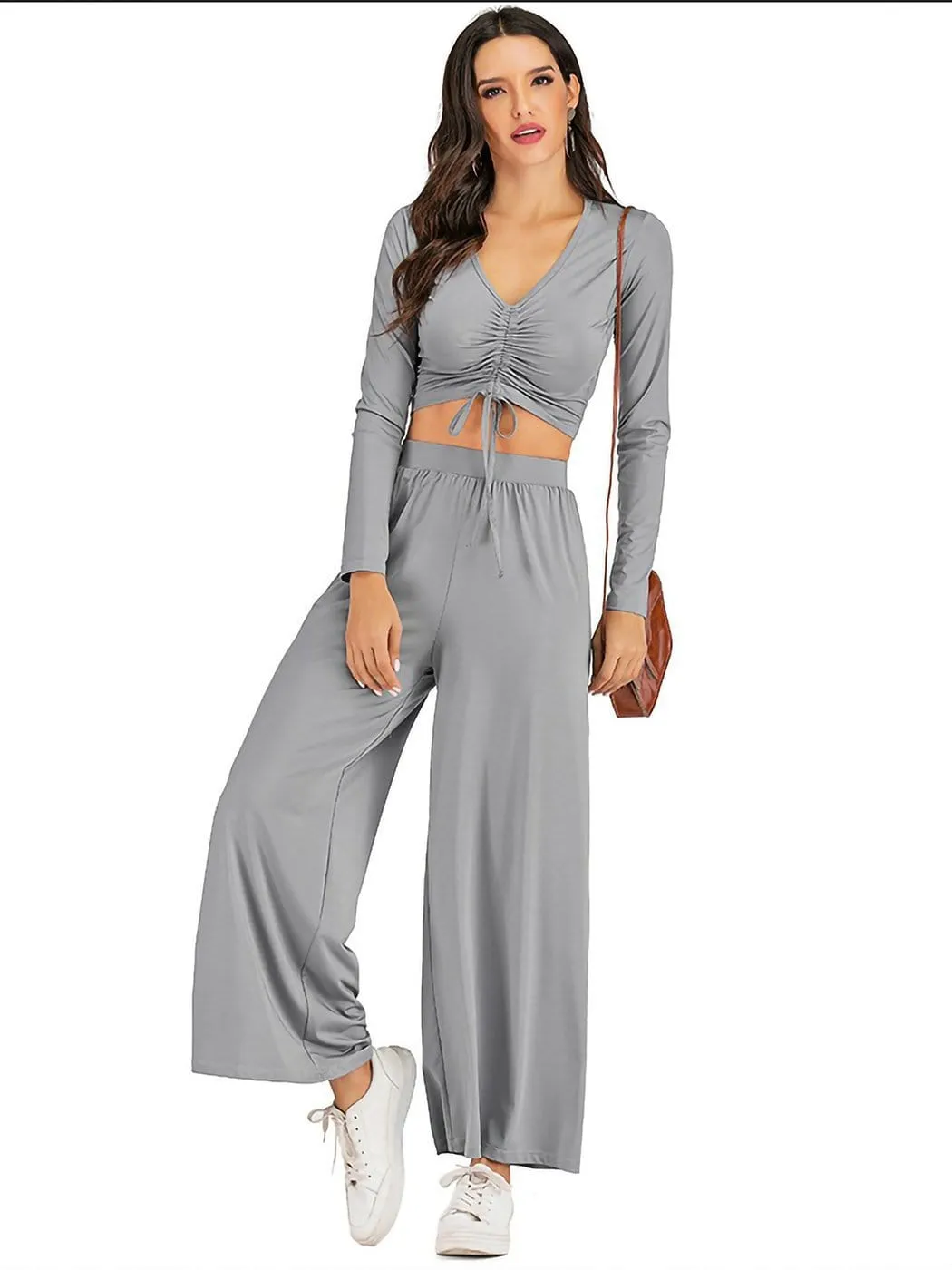 Elastic High Waist Casual Wide Leg Long Palazzo Lounge Pants Trousers