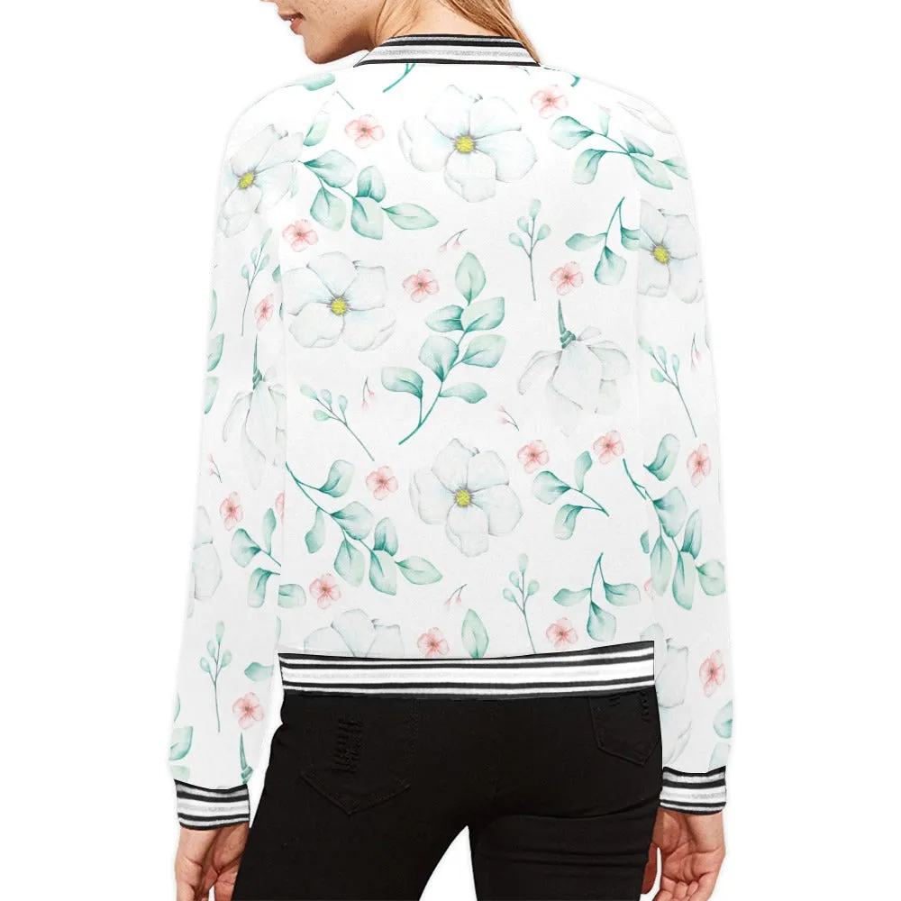 Eucalyptus pattern Pink and white flowers Bomber Jacket for Women