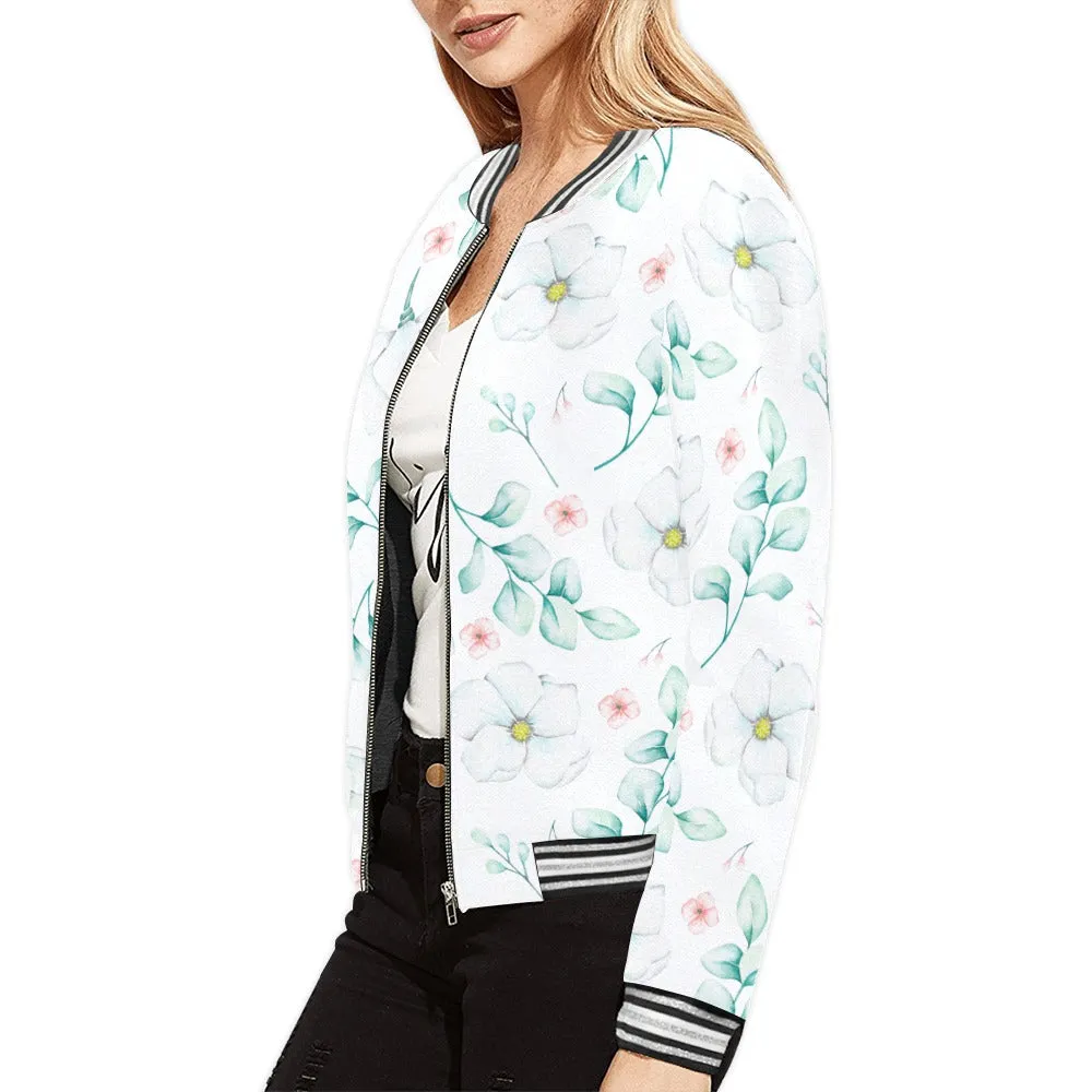 Eucalyptus pattern Pink and white flowers Bomber Jacket for Women