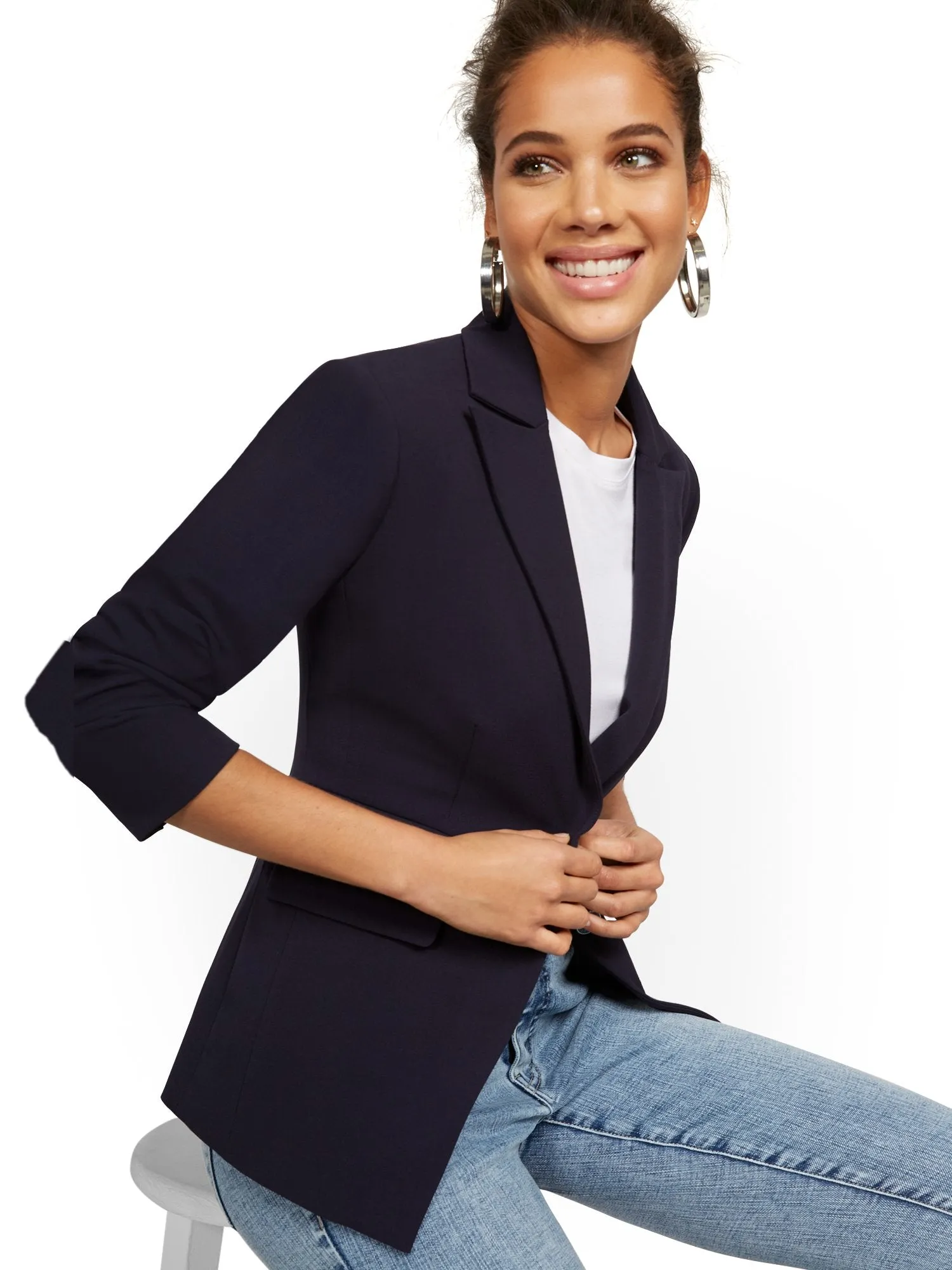 Faux-Pocket Button-Front Blazer - Essential Stretch