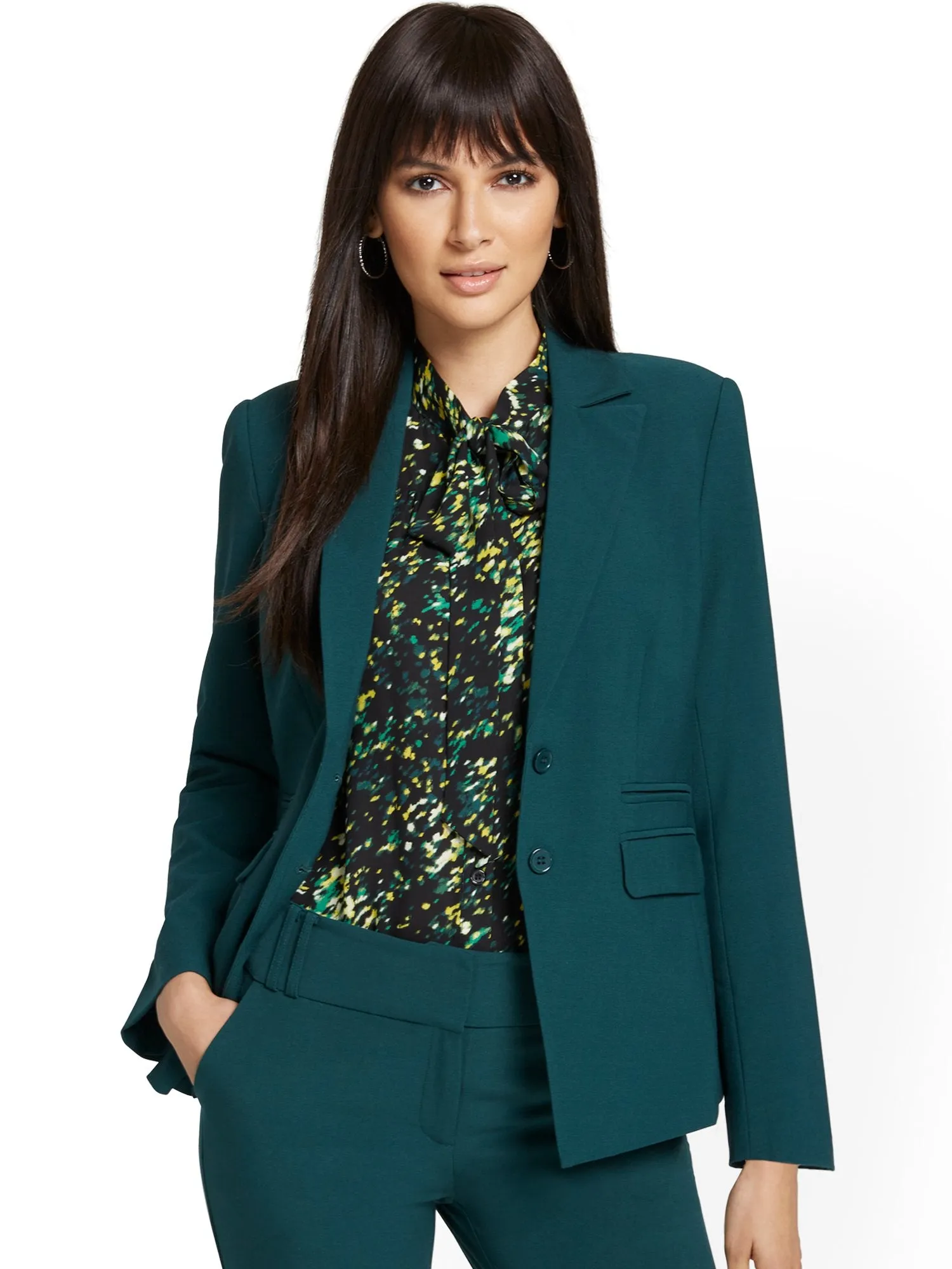 Faux-Pocket Button-Front Blazer - Essential Stretch