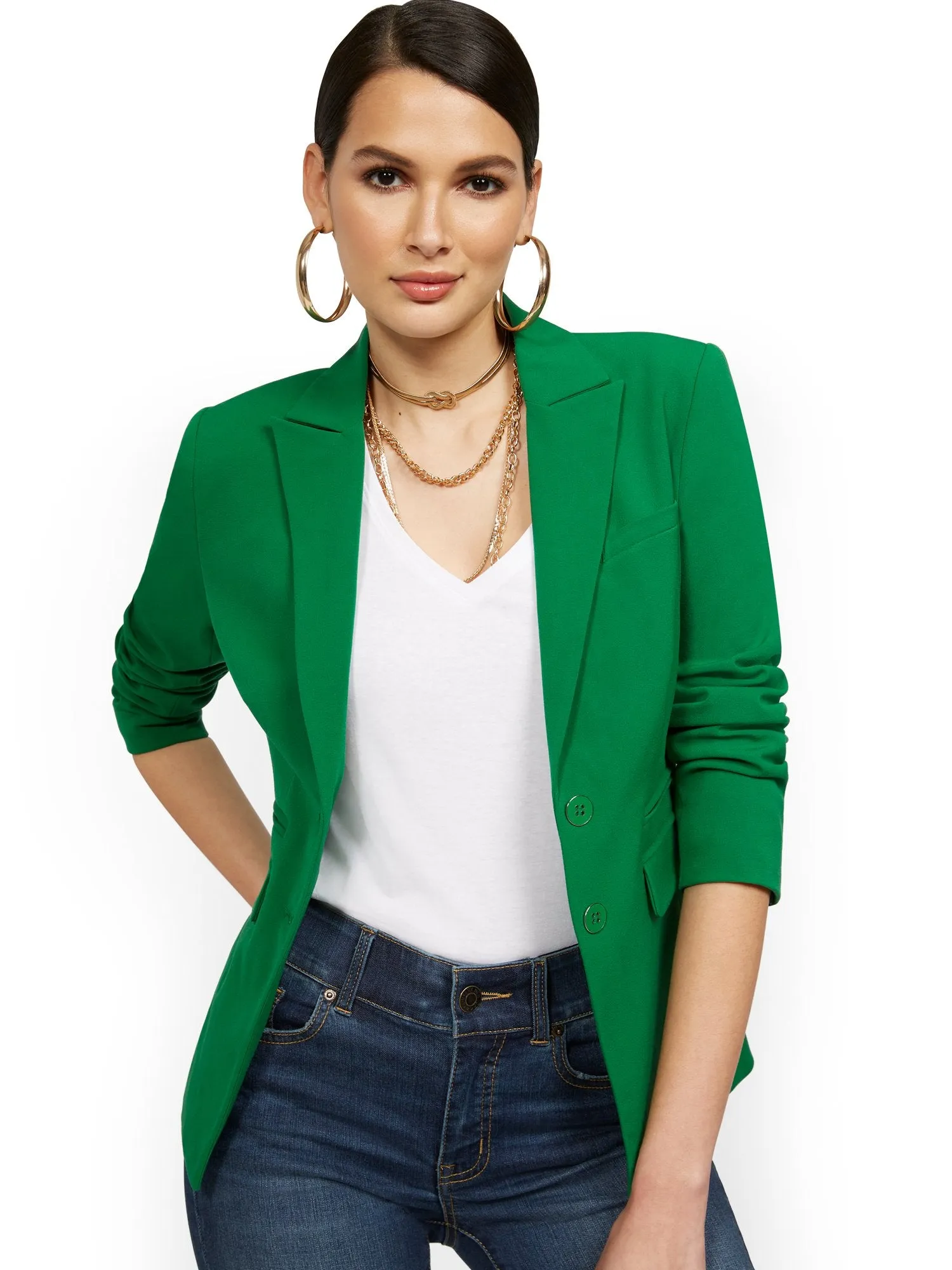 Faux-Pocket Button-Front Blazer - Essential Stretch