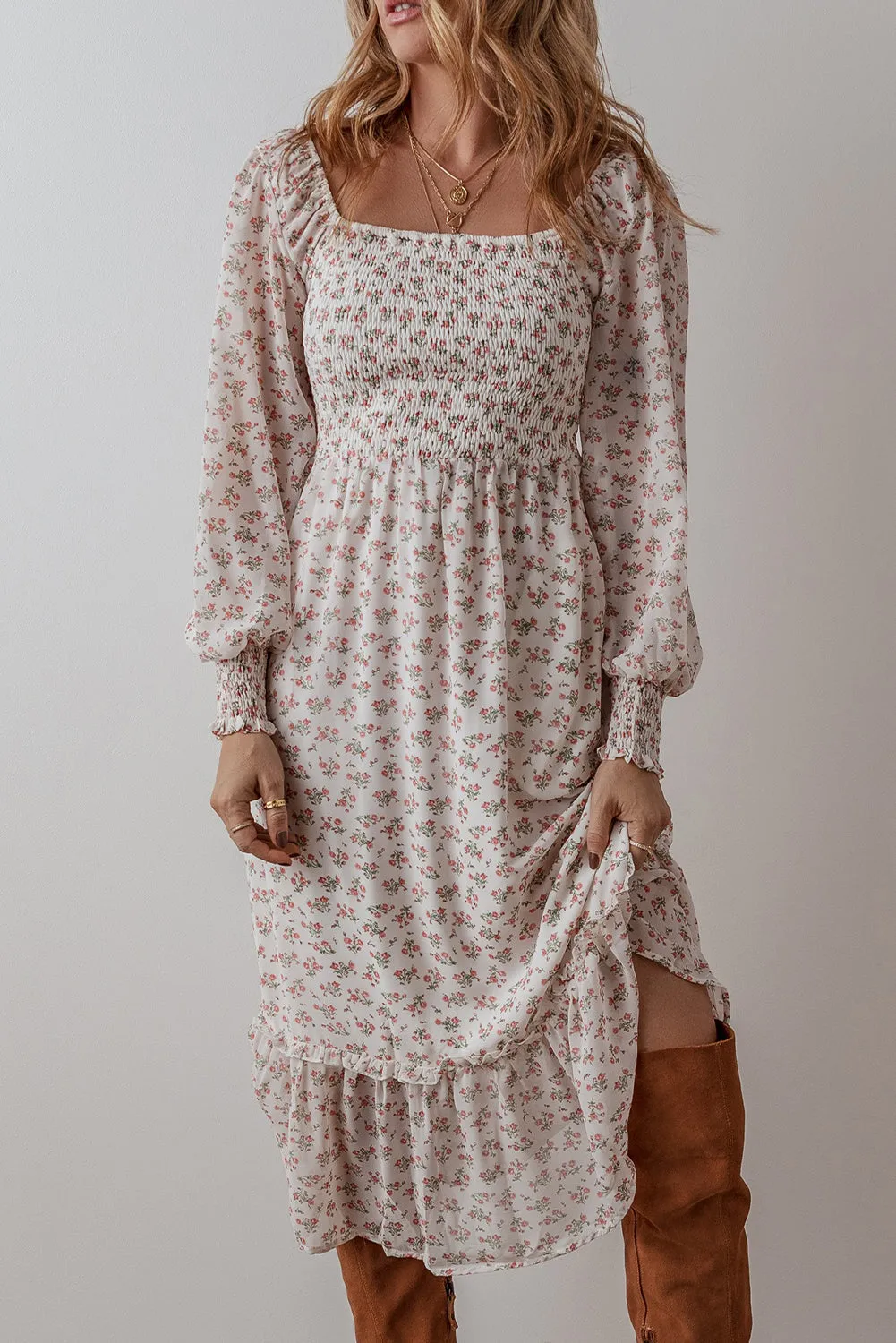 Floral Print Square Neck Midi Dress