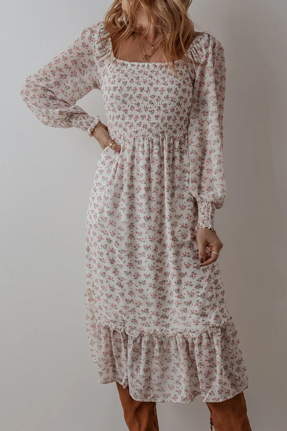 Floral Print Square Neck Midi Dress