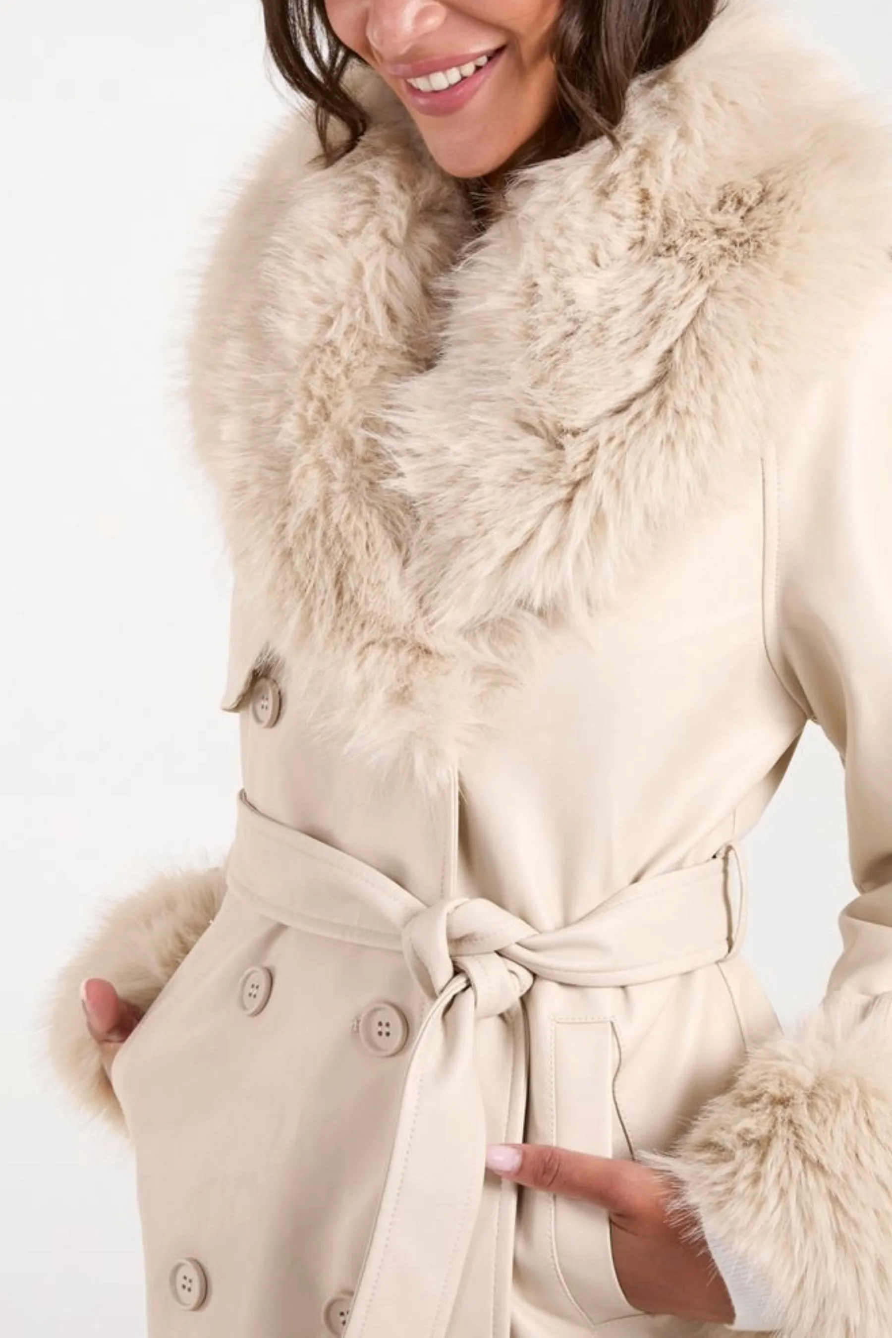 Fur Trim Double Breasted PU Coat